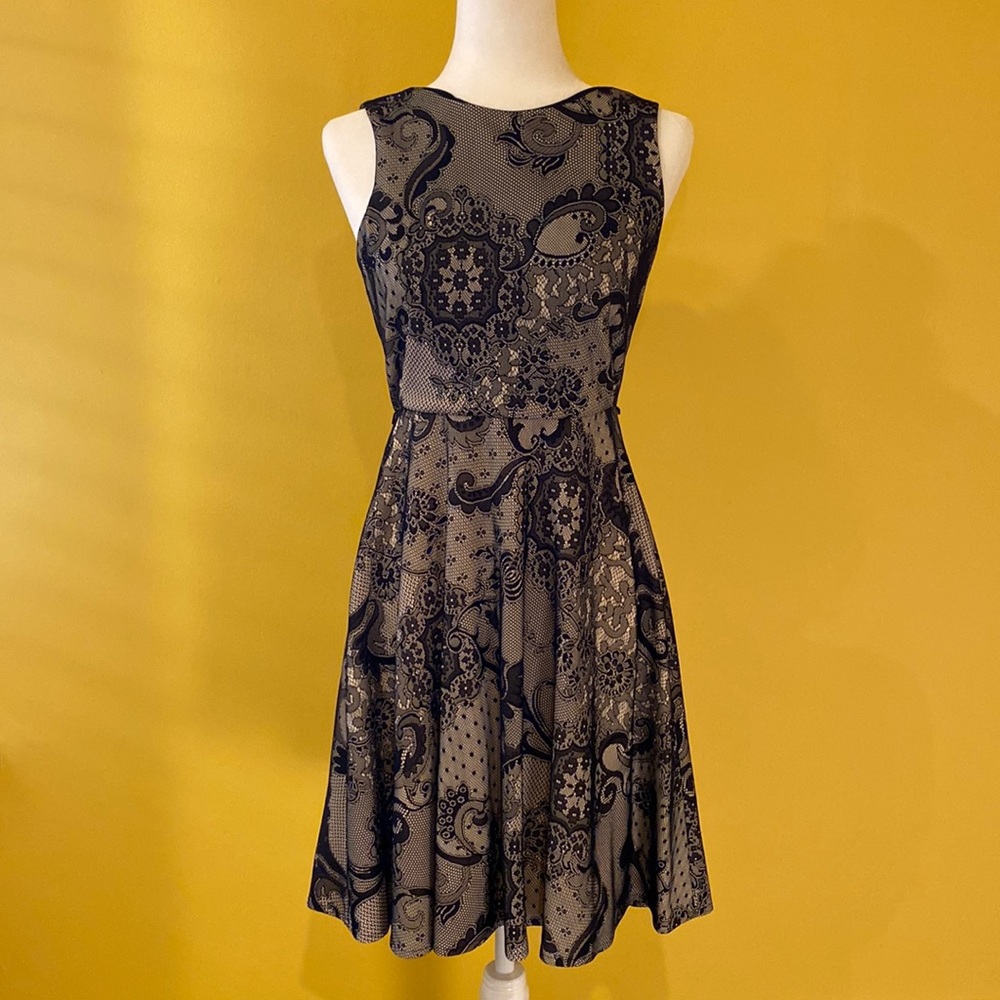 Donna Morgan lace black and ivory fit and flare dress